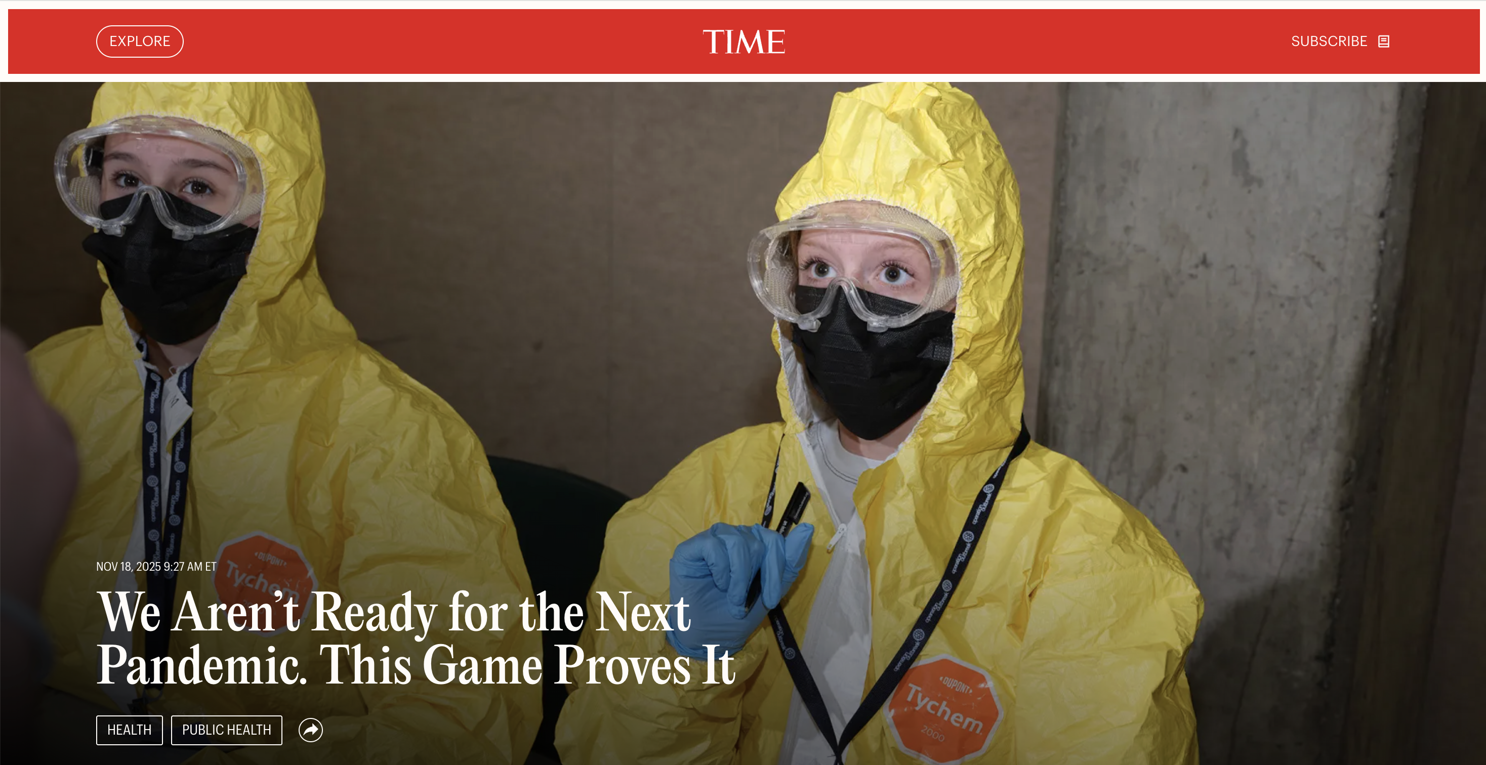 The lead image from TIME’s Operation Outbreak article showing two students wearing masks, goggles, and hazmat suits.